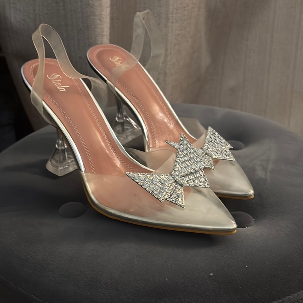 Silver Sculptural Heels with Crystal Bow